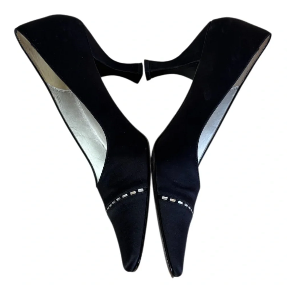 Elegant Pumps Vintage 90s Y2K Rhinestone Pointed Square Heel Black Silver Size 8